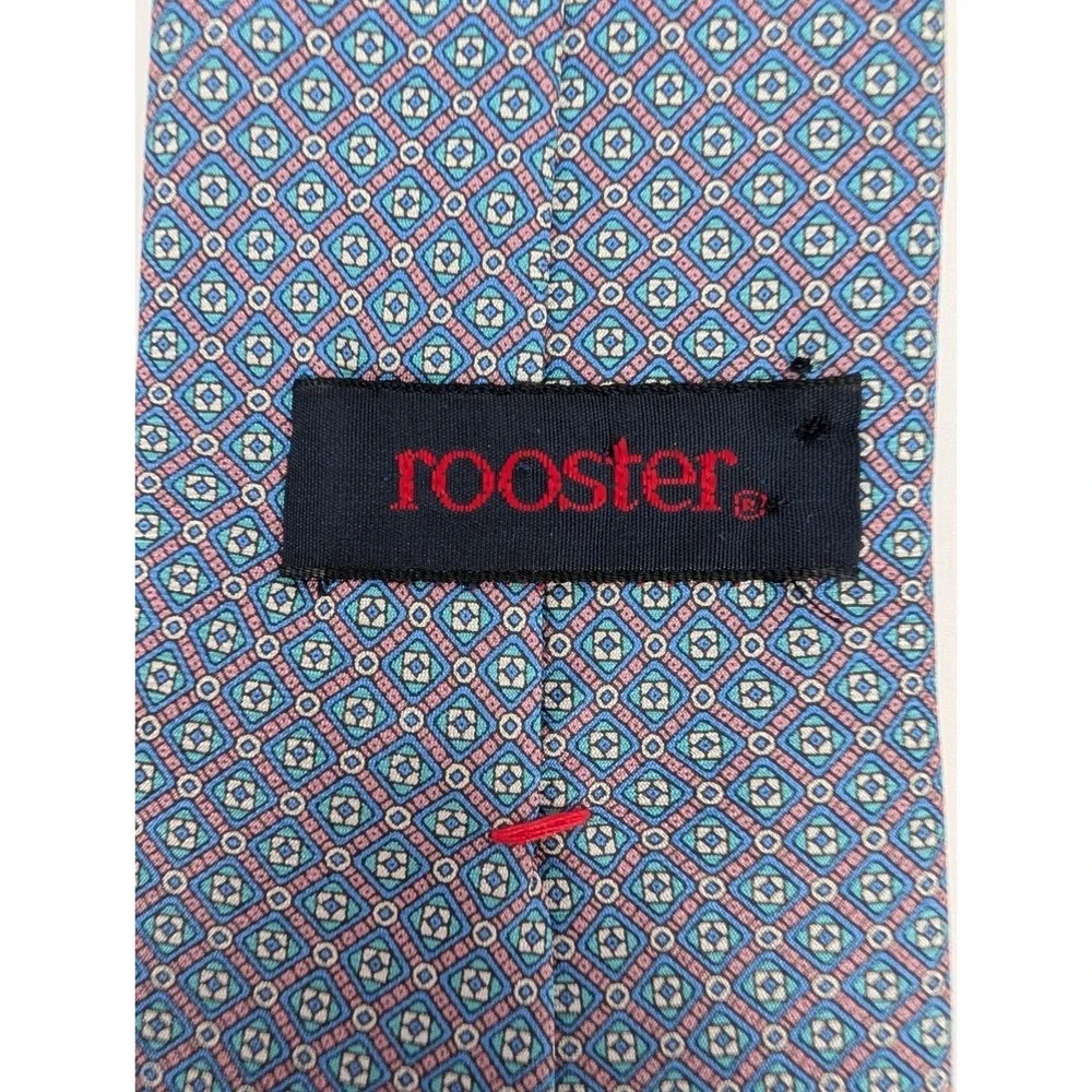VTG Rooster Pink Blue Geometric Silk Tie USA Italian Fabric‎ Preppy Heritage